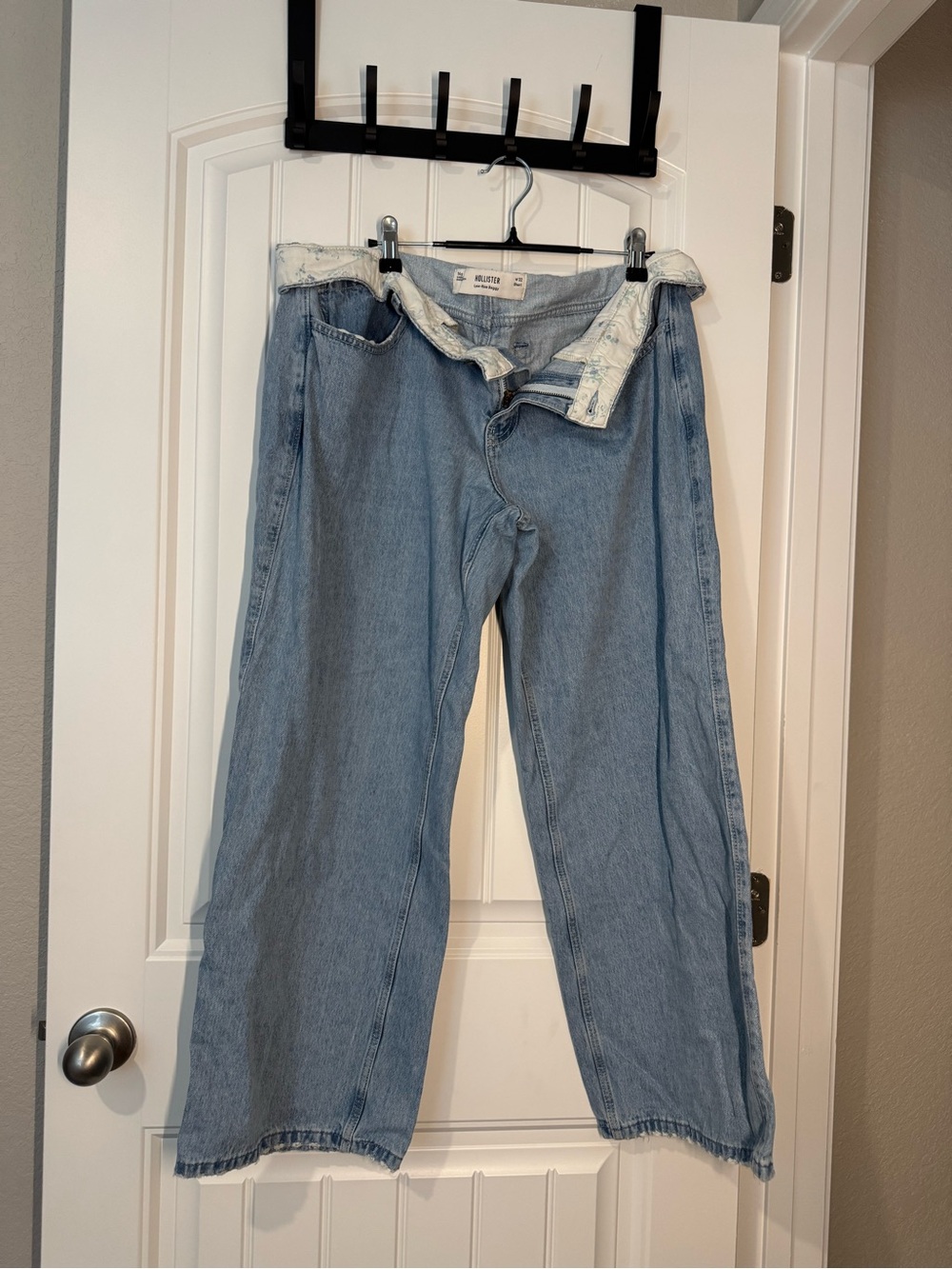 Hollister Light Blue Low Rise Fold Over Floral Waist Band Baggy Wide Leg Jeans